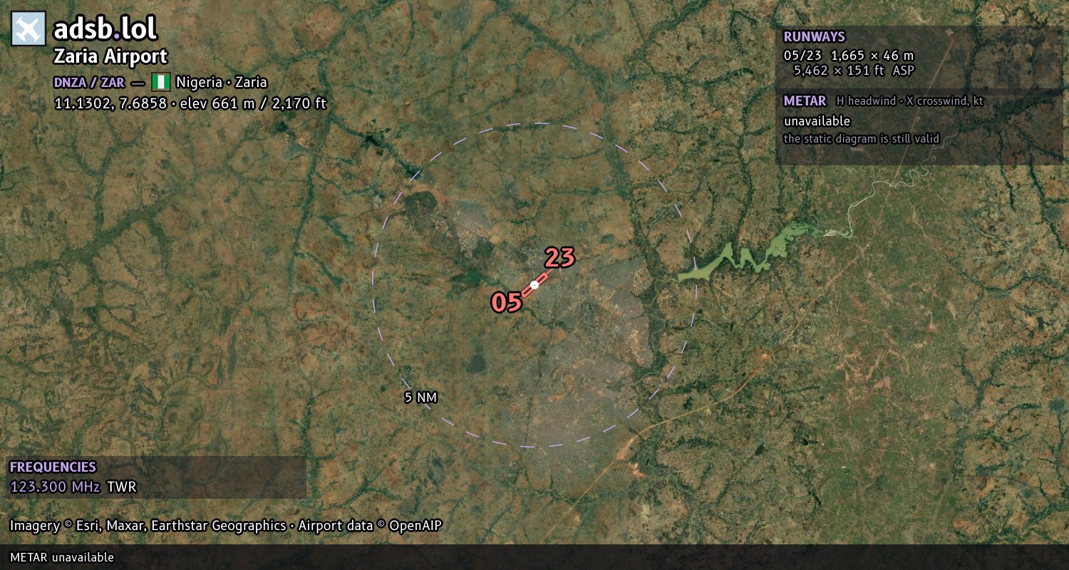 Satellite map with the runway layout of Zaria Airport (DNZA)