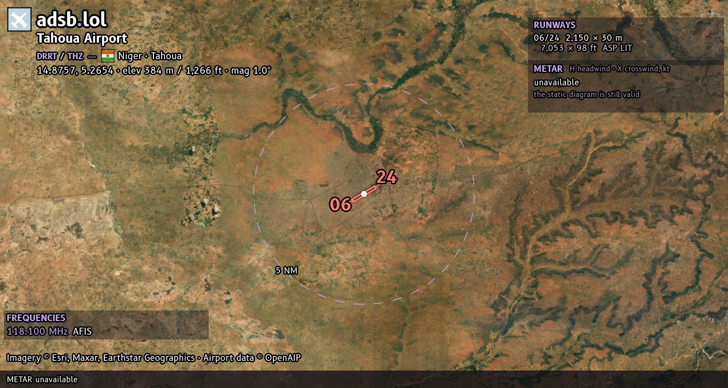 Satellite map with the runway layout of Tahoua Airport (DRRT)