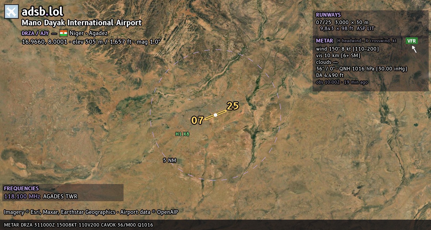Satellite map with the runway layout of Mano Dayak International Airport (DRZA)