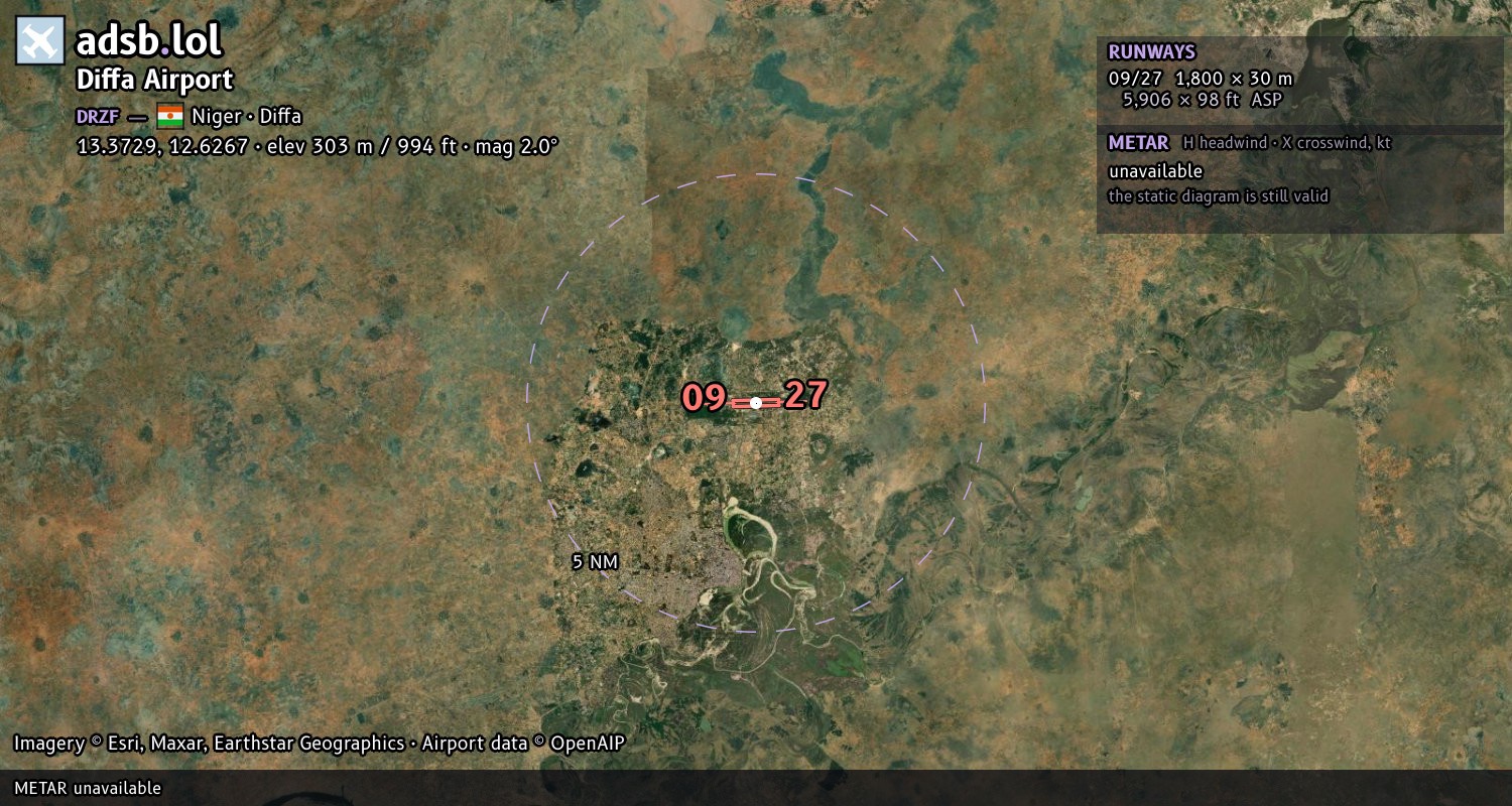 Satellite map with the runway layout of Diffa Airport (DRZF)