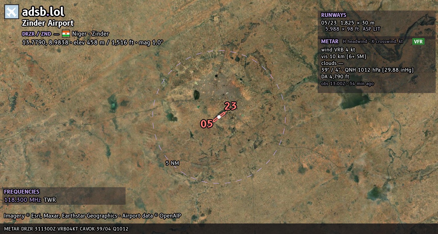Satellite map with the runway layout of Zinder Airport (DRZR)