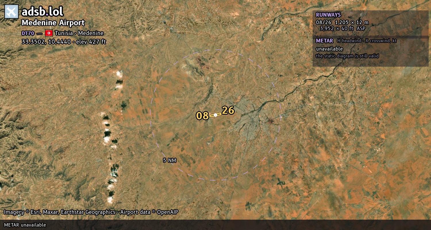 Satellite map with the runway layout of Medenine Airport (DT70)