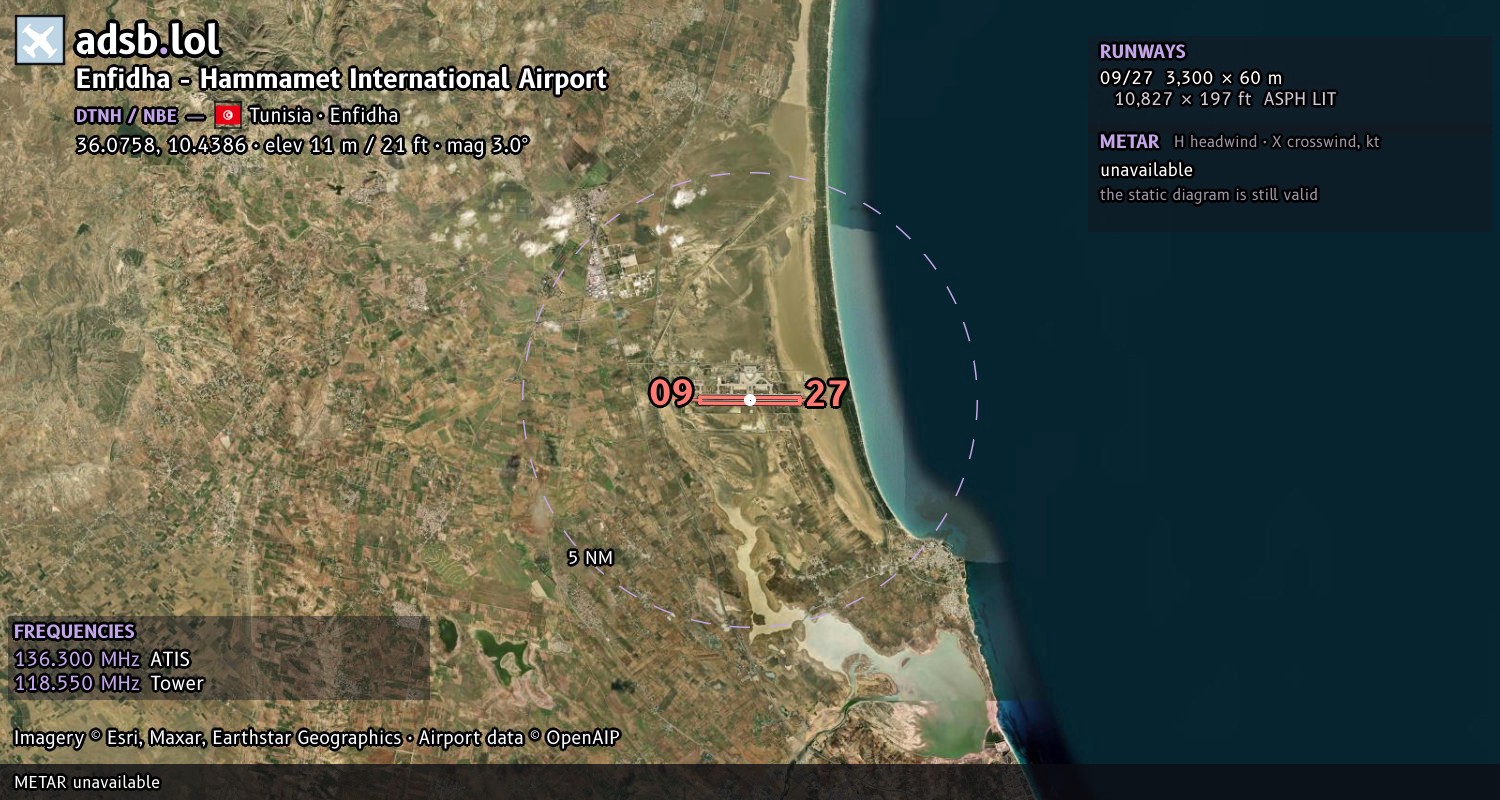 Satellite map with the runway layout of Enfidha - Hammamet International Airport (DTNH)