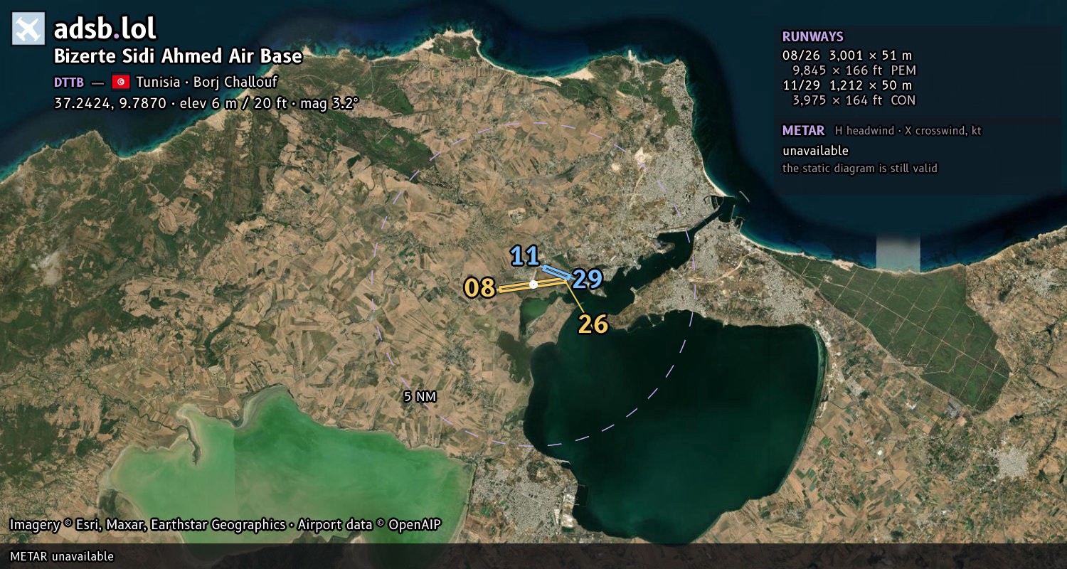 Satellite map with the runway layout of Bizerte Sidi Ahmed Air Base (DTTB)