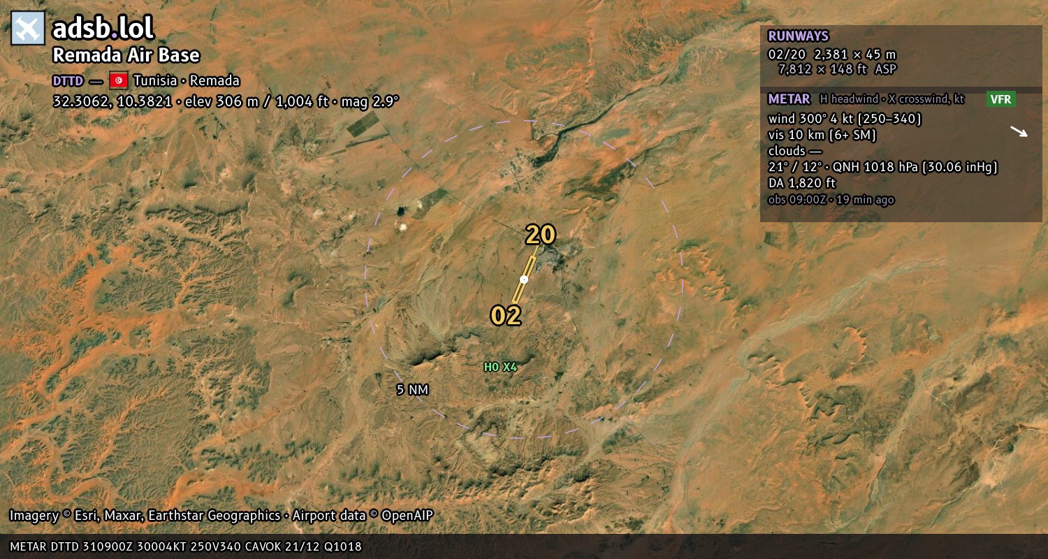 Satellite map with the runway layout of Remada Air Base (DTTD)