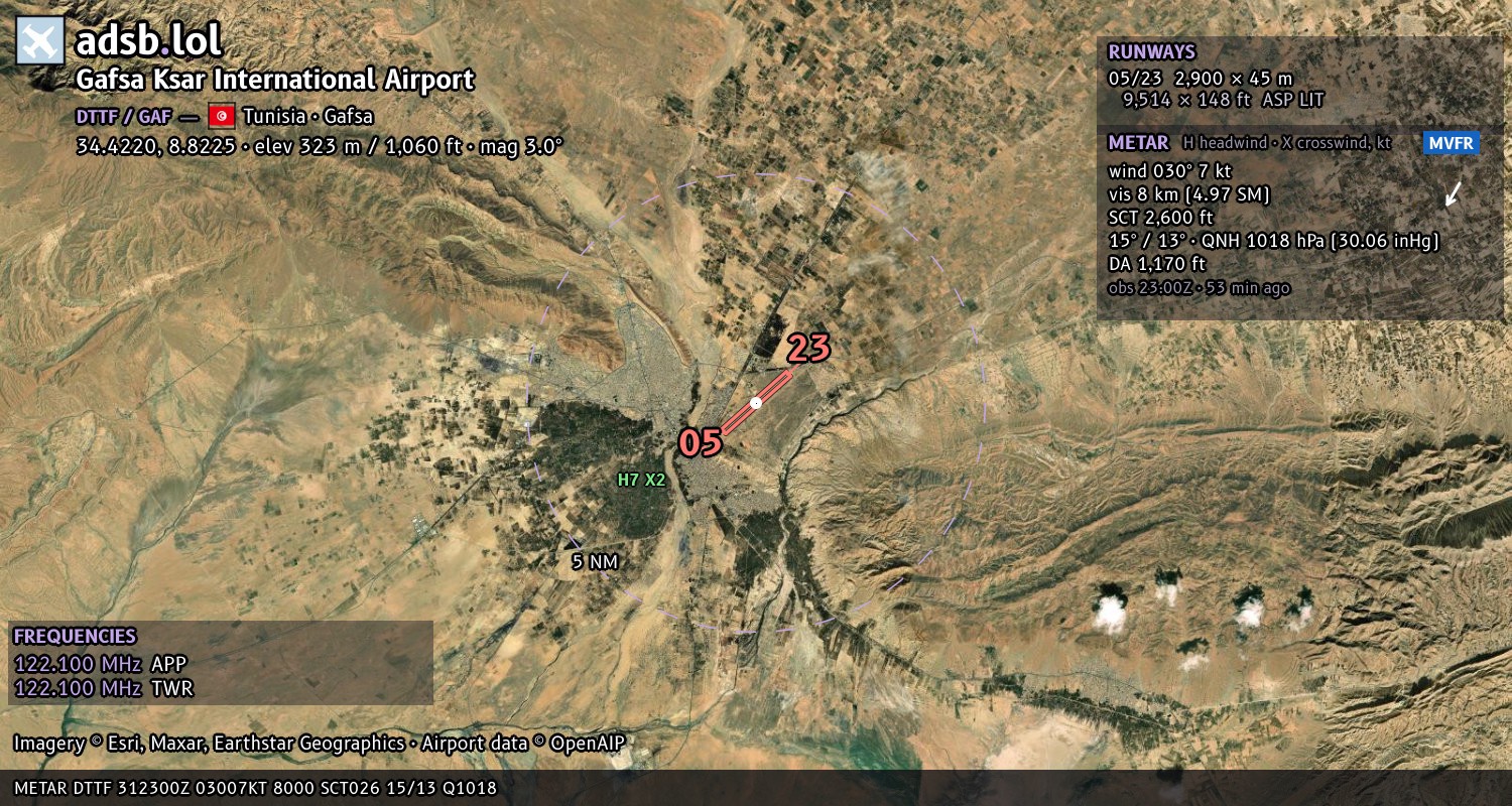 Satellite map with the runway layout of Gafsa Ksar International Airport (DTTF)