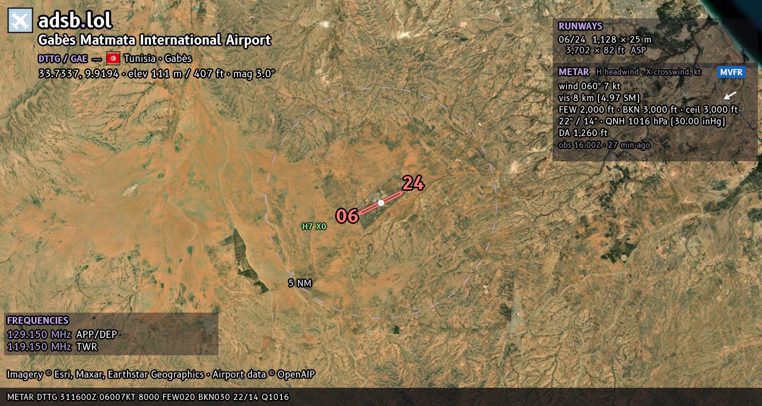 Satellite map with the runway layout of Gabès Matmata International Airport (DTTG)