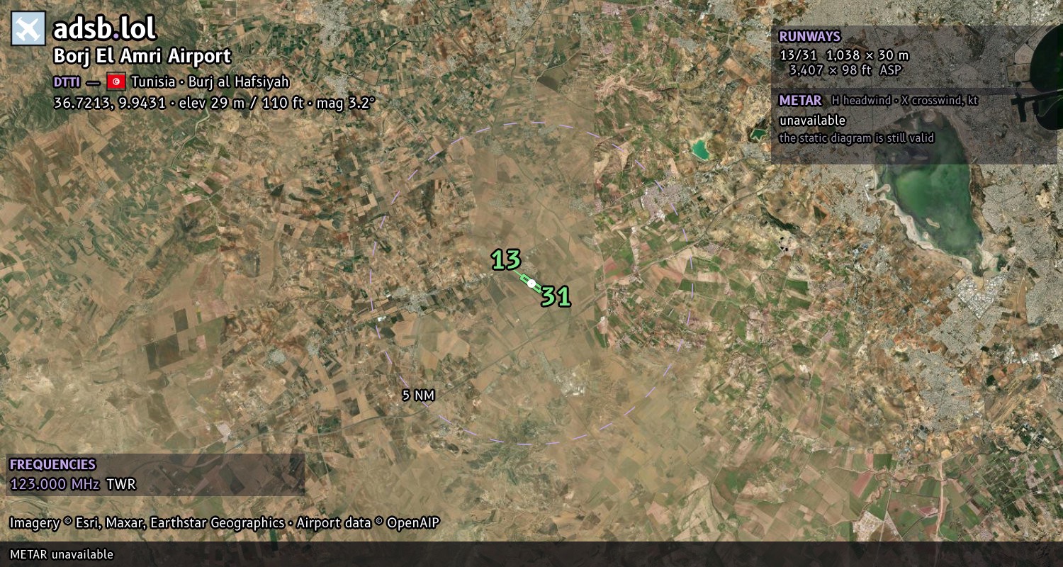 Satellite map with the runway layout of Borj El Amri Airport (DTTI)