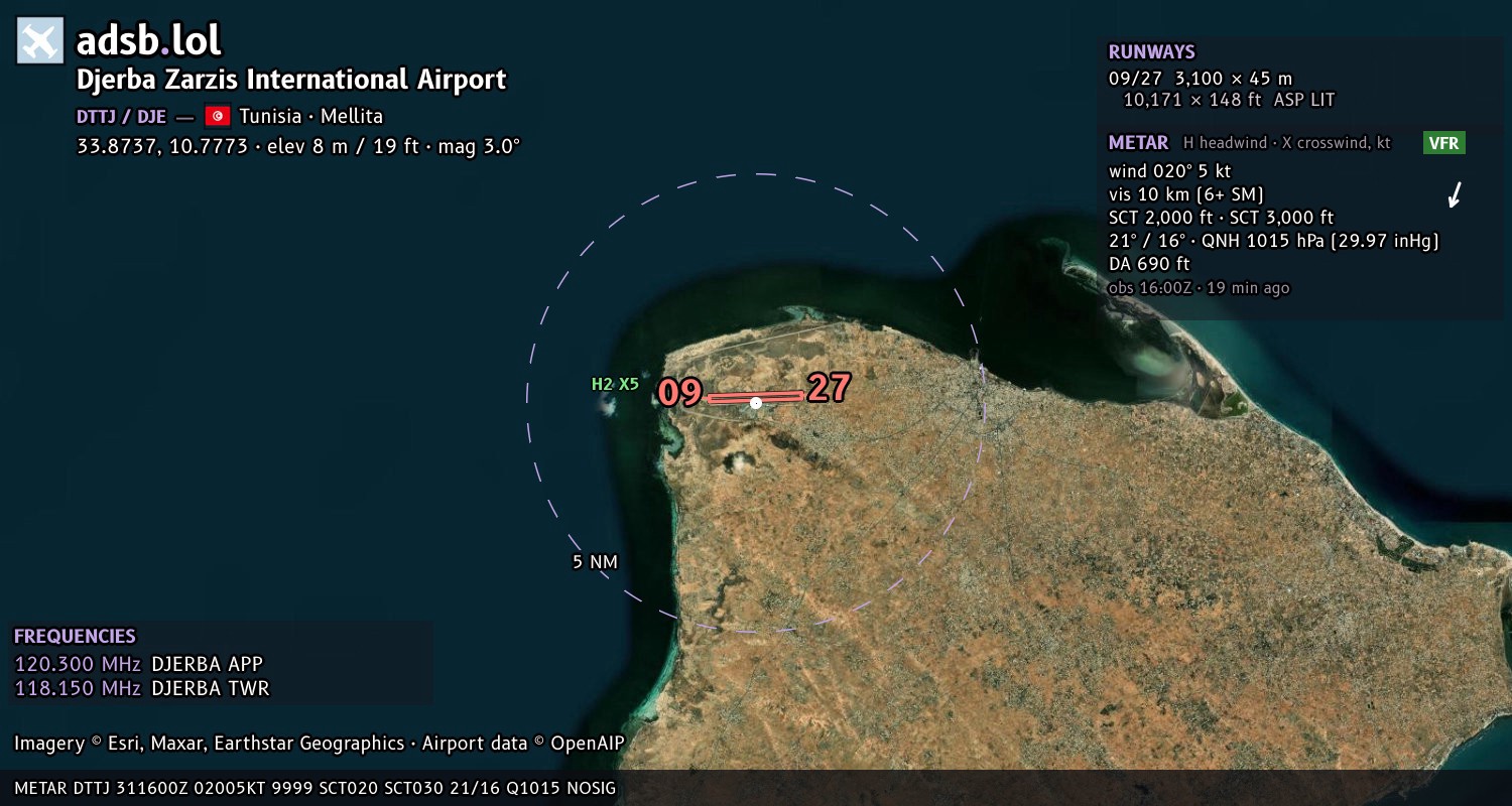 Satellite map with the runway layout of Djerba Zarzis International Airport (DTTJ)