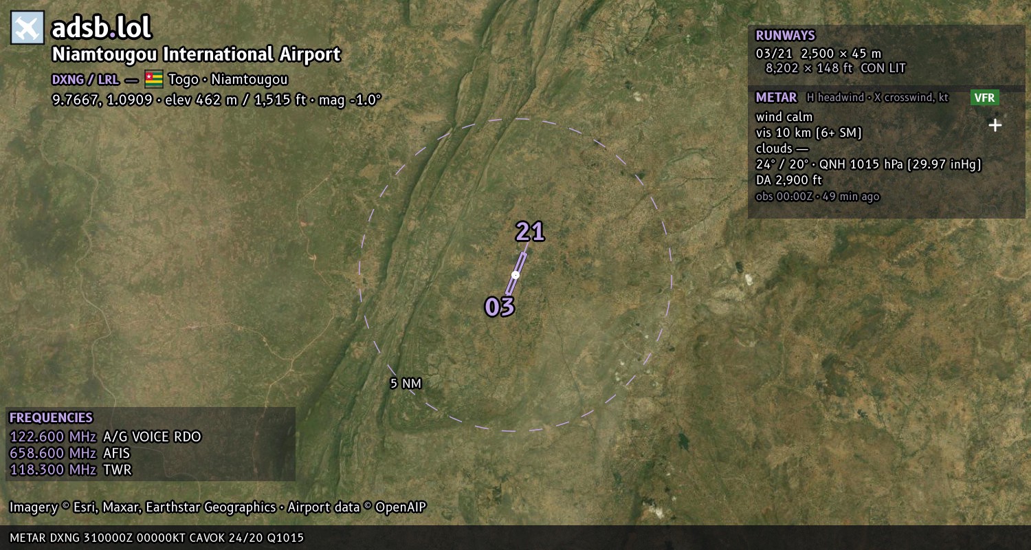 Satellite map with the runway layout of Niamtougou International Airport (DXNG)