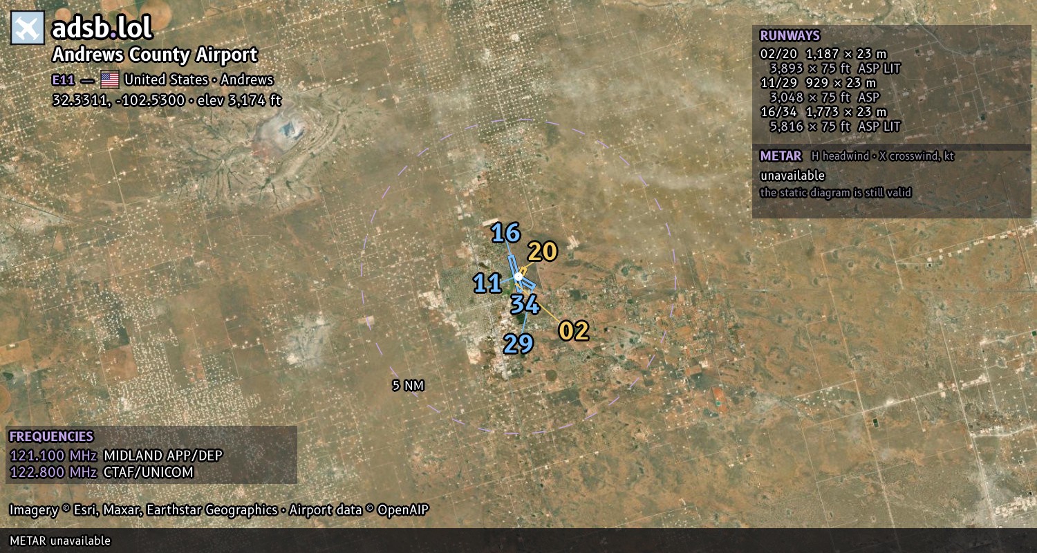 Satellite map with the runway layout of Andrews County Airport (E11)