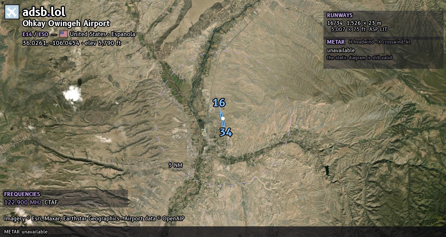 Satellite map with the runway layout of Ohkay Owingeh Airport (E14)