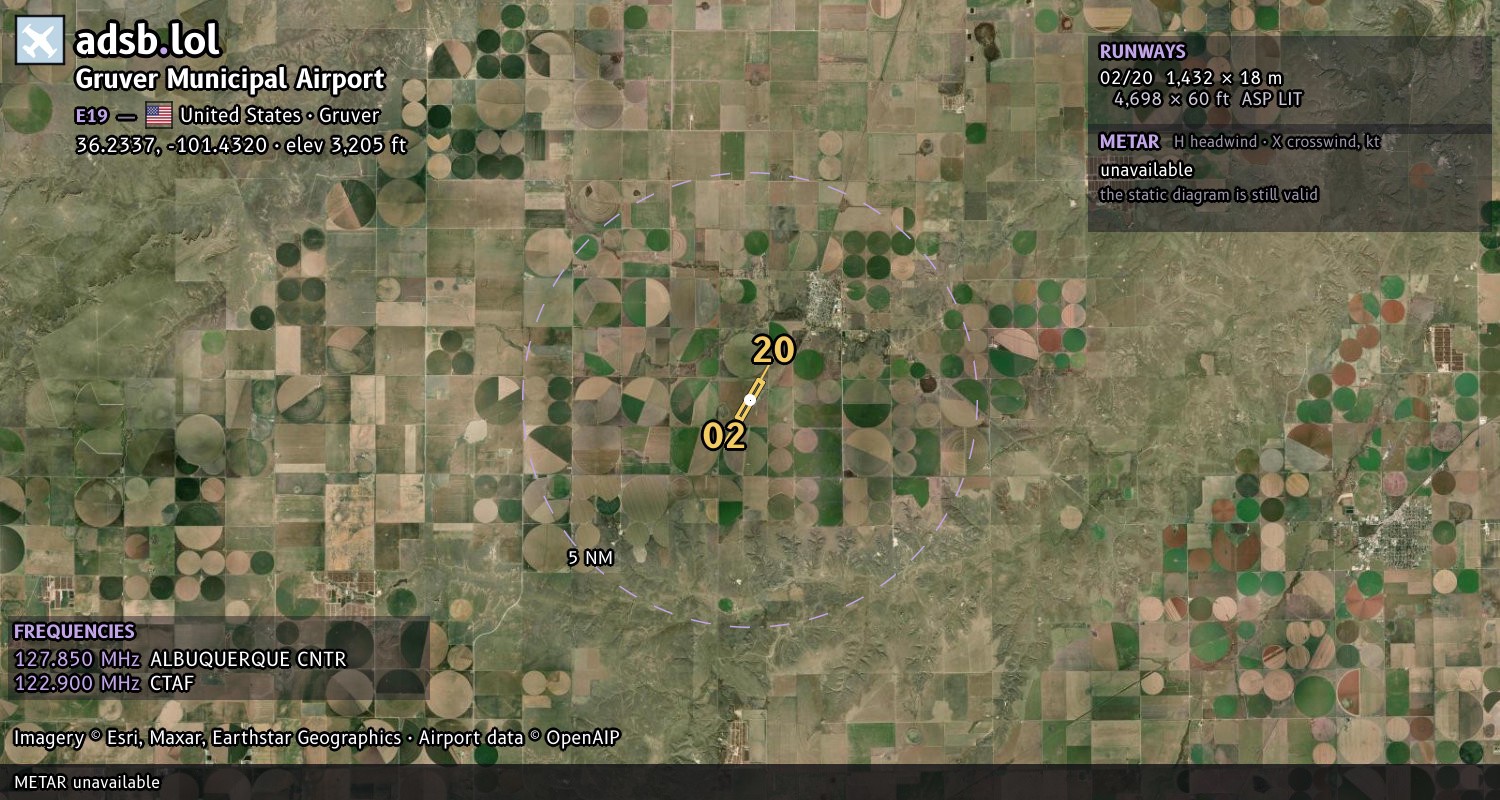 Satellite map with the runway layout of Gruver Municipal Airport (E19)