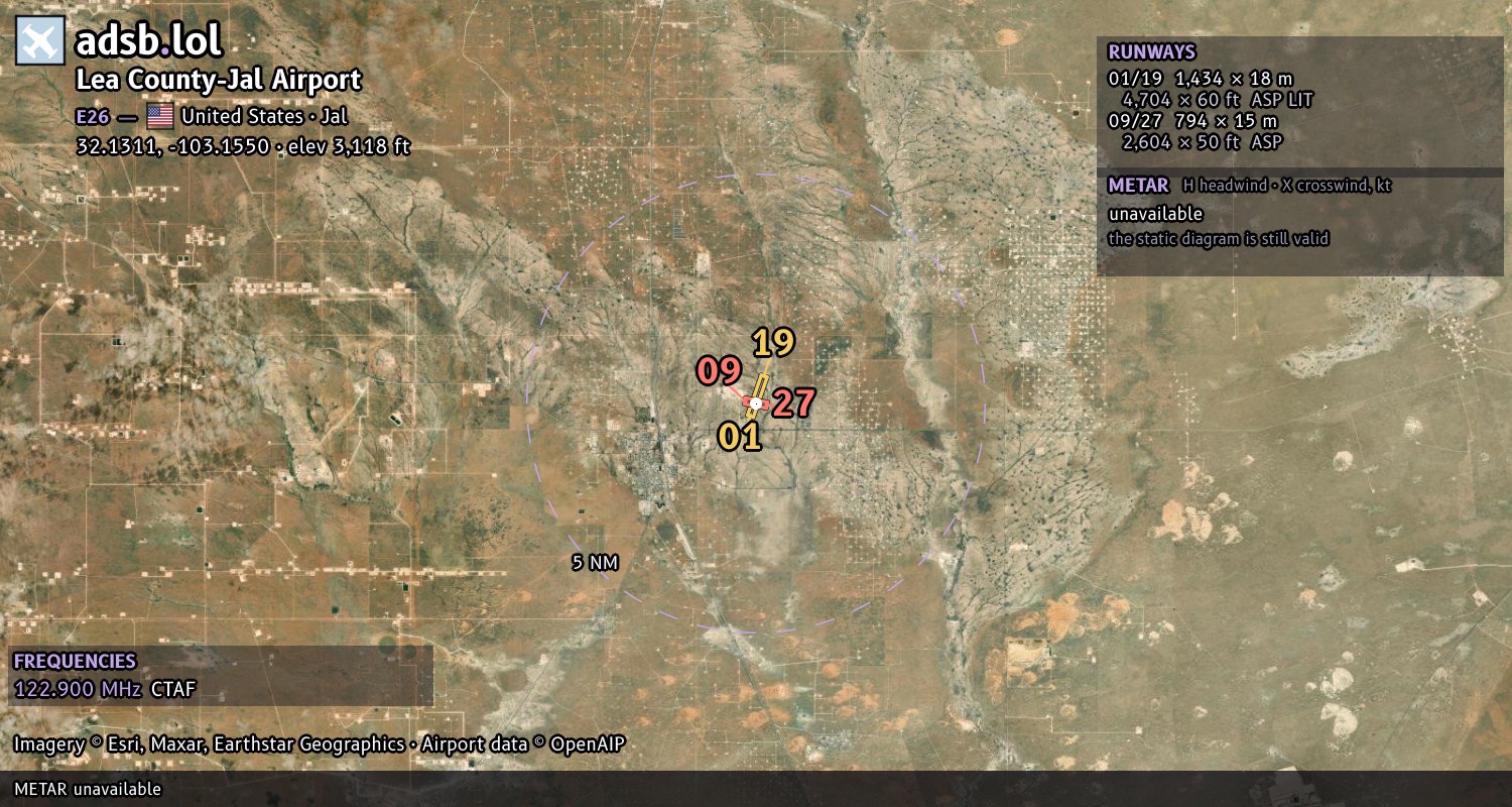 Satellite map with the runway layout of Lea County-Jal Airport (E26)