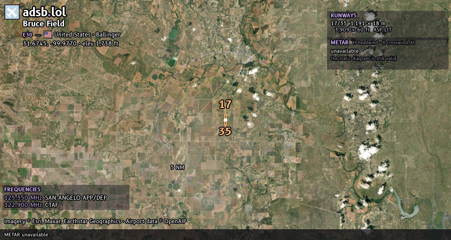 Satellite map with the runway layout of Bruce Field (E30)
