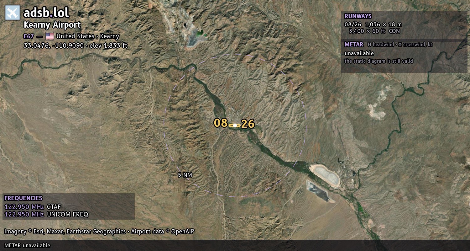 Satellite map with the runway layout of Kearny Airport (E67)