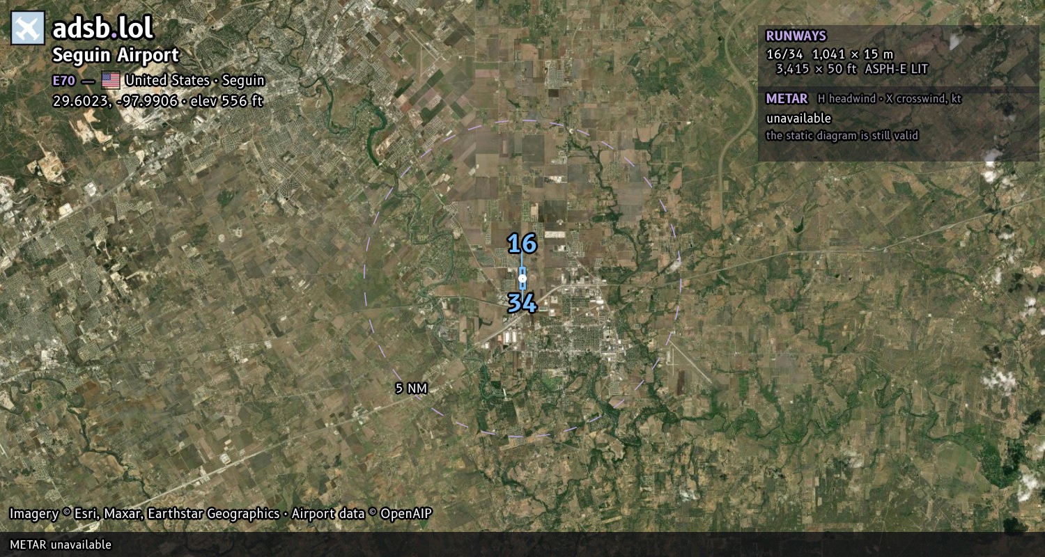 Satellite map with the runway layout of Seguin Airport (E70)
