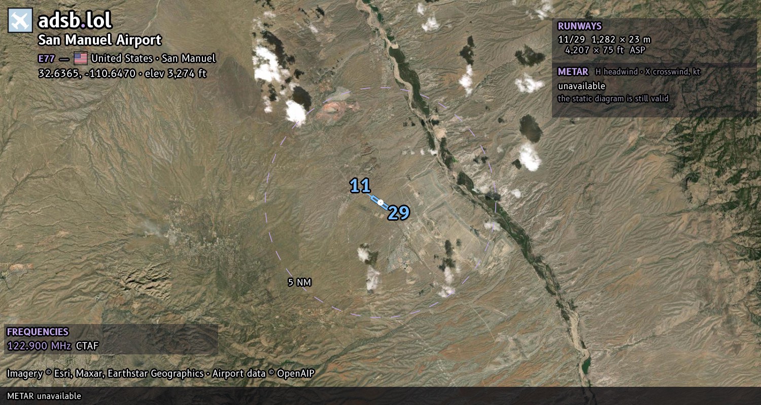 Satellite map with the runway layout of San Manuel Airport (E77)