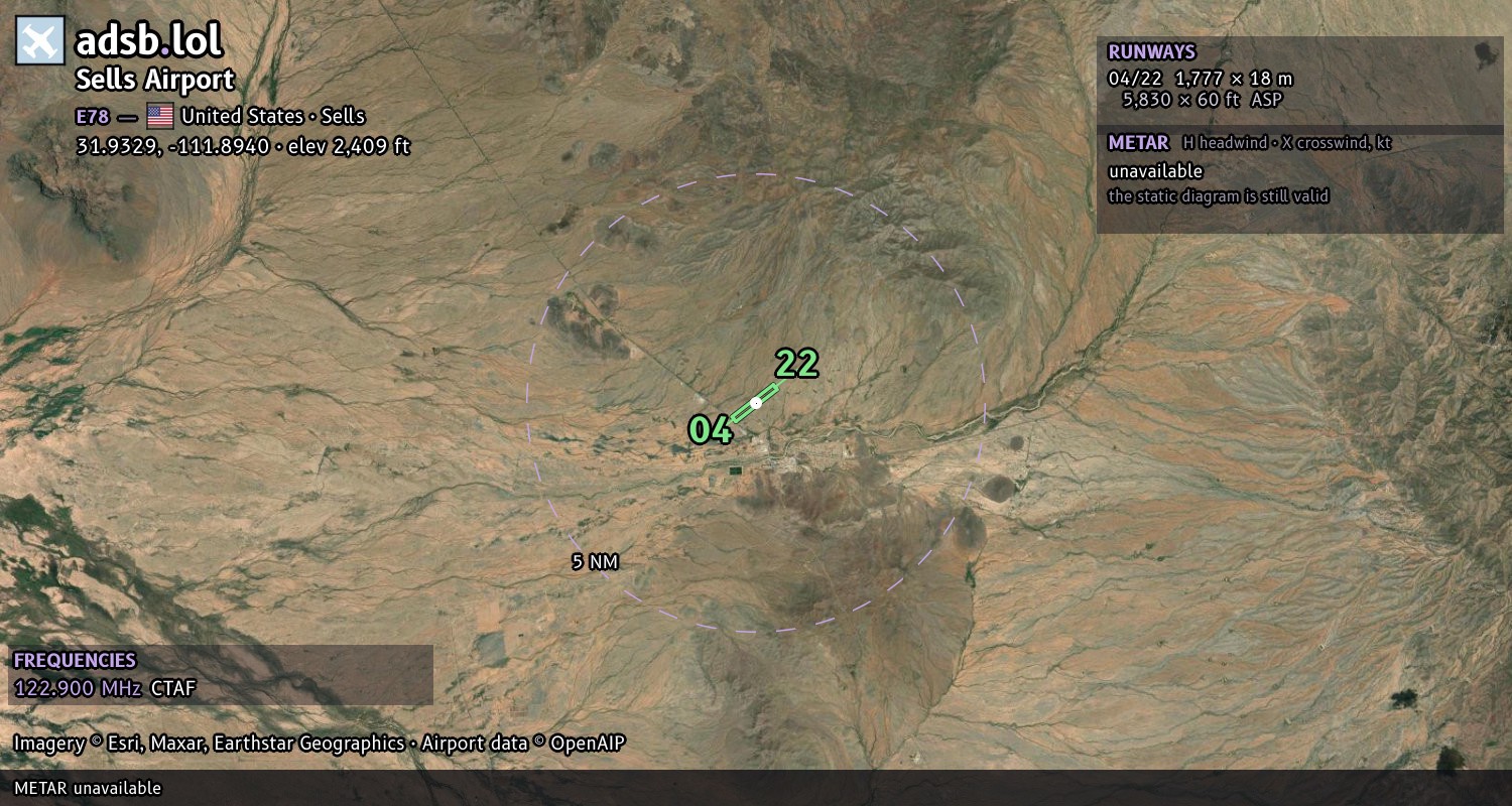 Satellite map with the runway layout of Sells Airport (E78)