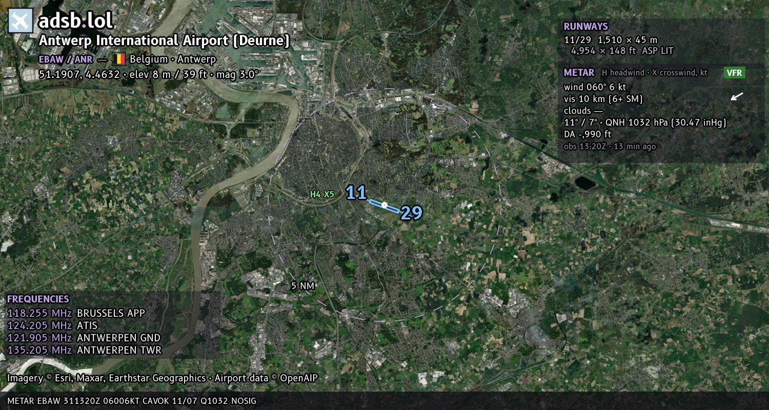 Satellite map with the runway layout of Antwerp International Airport (Deurne) (EBAW)