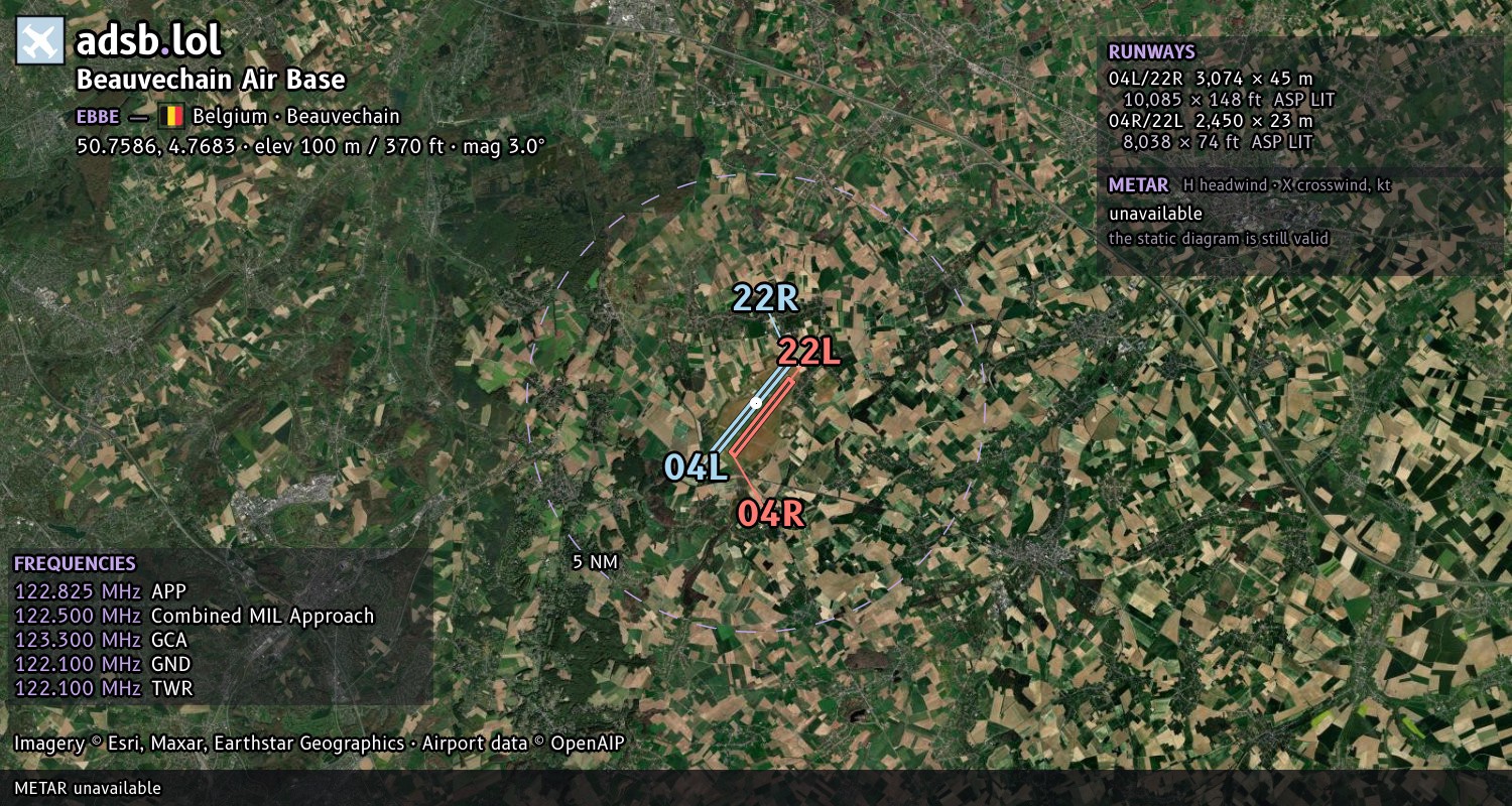 Satellite map with the runway layout of Beauvechain Air Base (EBBE)