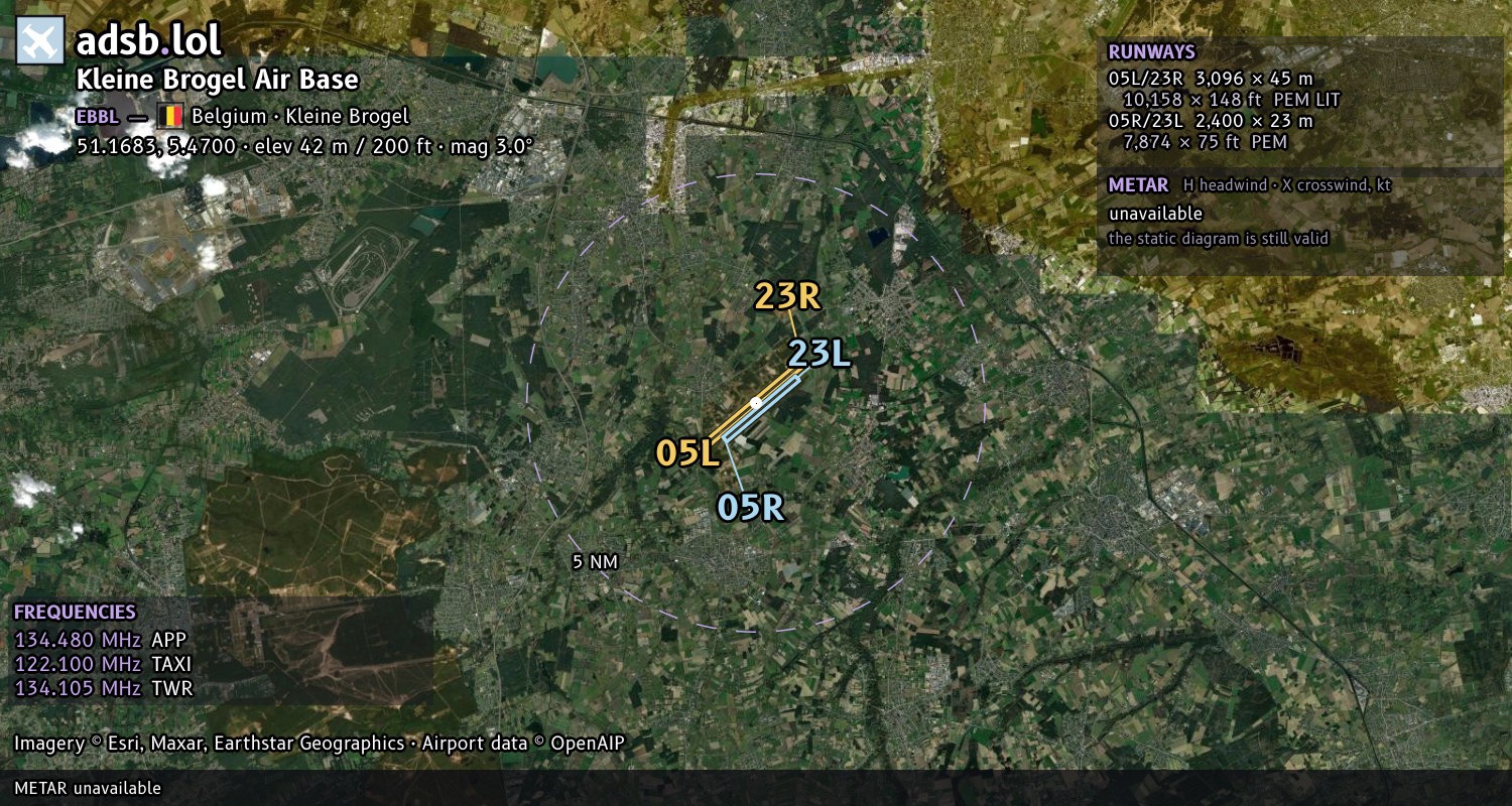 Satellite map with the runway layout of Kleine Brogel Air Base (EBBL)