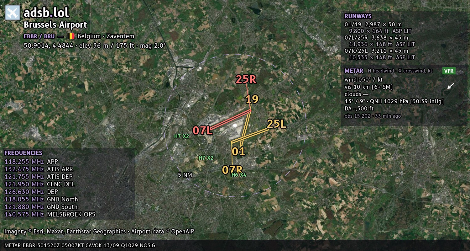 Satellite map with the runway layout of Brussels Airport (EBBR)