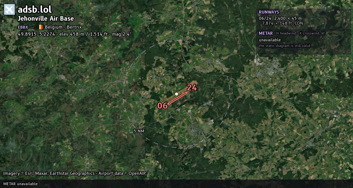 Satellite map with the runway layout of Jehonville Air Base (EBBX)