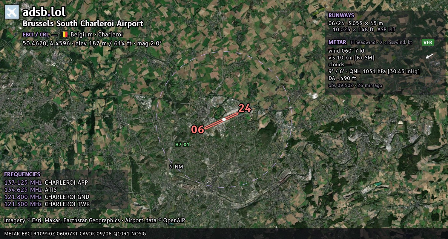 Satellite map with the runway layout of Brussels South Charleroi Airport (EBCI)