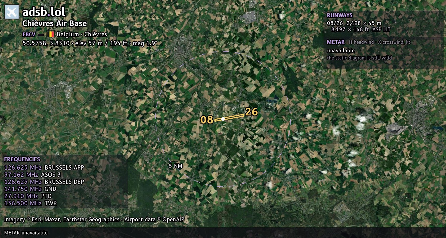 Satellite map with the runway layout of Chièvres Air Base (EBCV)