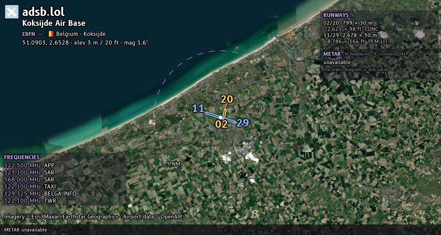 Satellite map with the runway layout of Koksijde Air Base (EBFN)