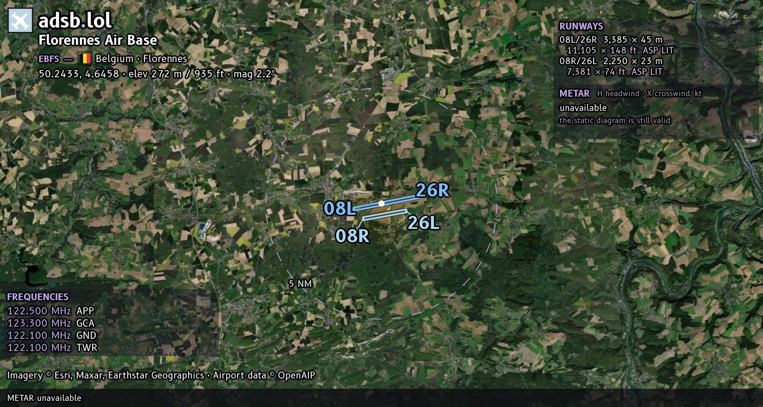 Satellite map with the runway layout of Florennes Air Base (EBFS)