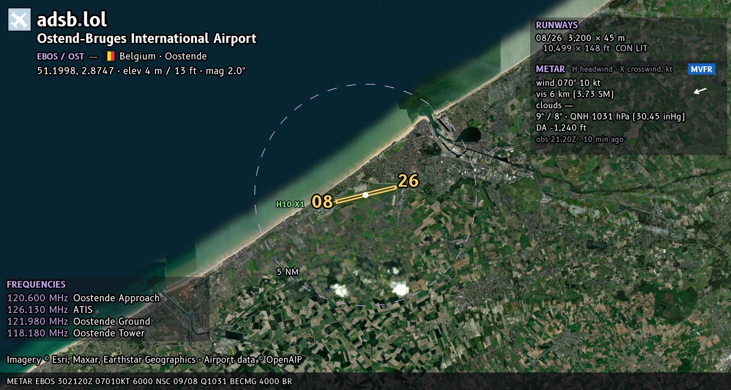 Satellite map with the runway layout of Ostend-Bruges International Airport (EBOS)