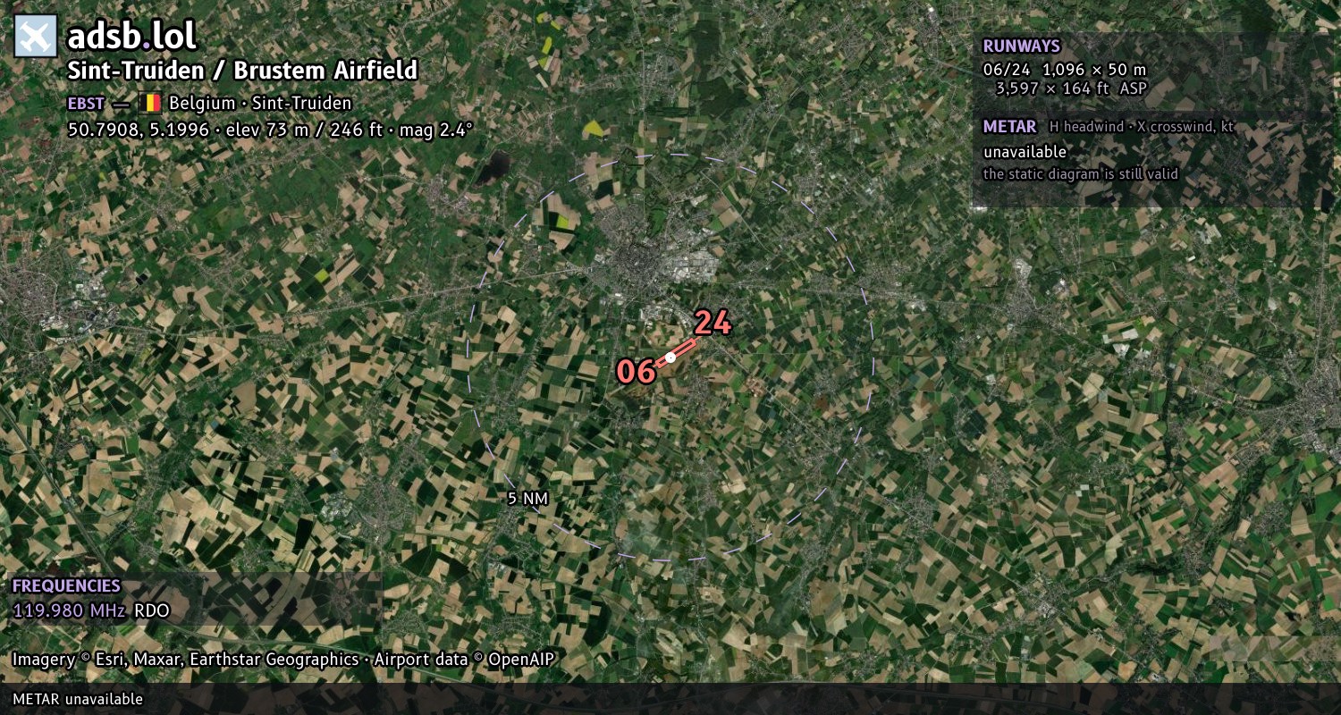Satellite map with the runway layout of Sint-Truiden / Brustem Airfield (EBST)