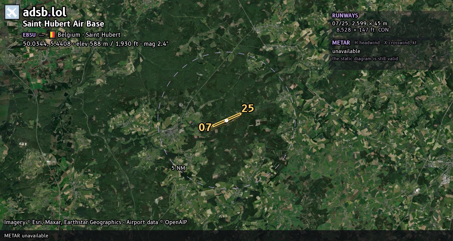 Satellite map with the runway layout of Saint Hubert Air Base (EBSU)