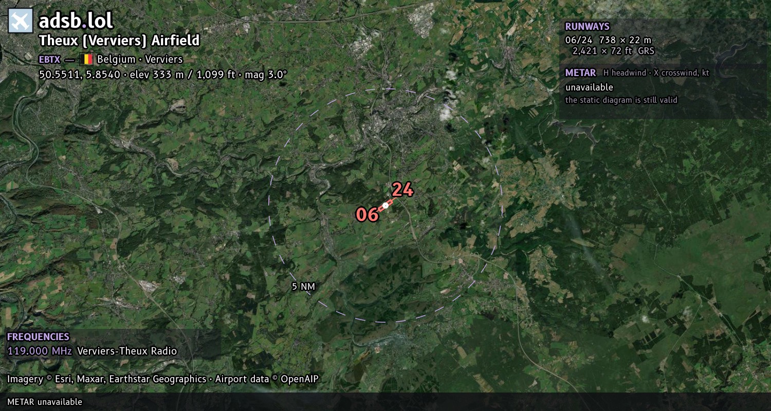 Satellite map with the runway layout of Theux (Verviers) Airfield (EBTX)