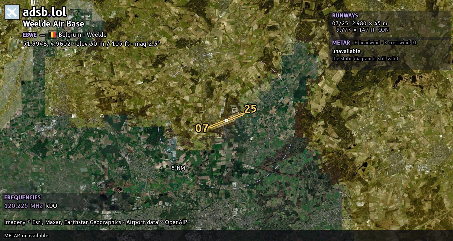 Satellite map with the runway layout of Weelde Air Base (EBWE)