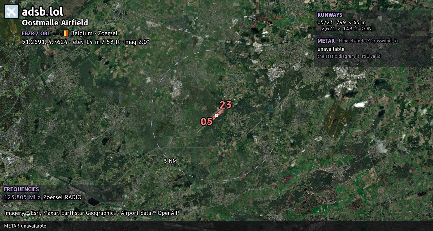 Satellite map with the runway layout of Oostmalle Airfield (EBZR)