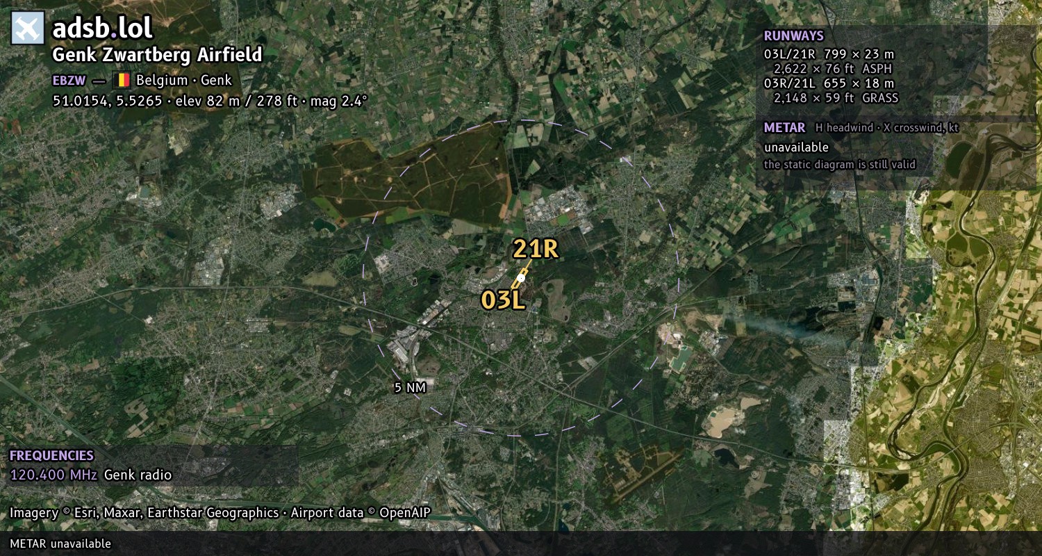Satellite map with the runway layout of Genk Zwartberg Airfield (EBZW)