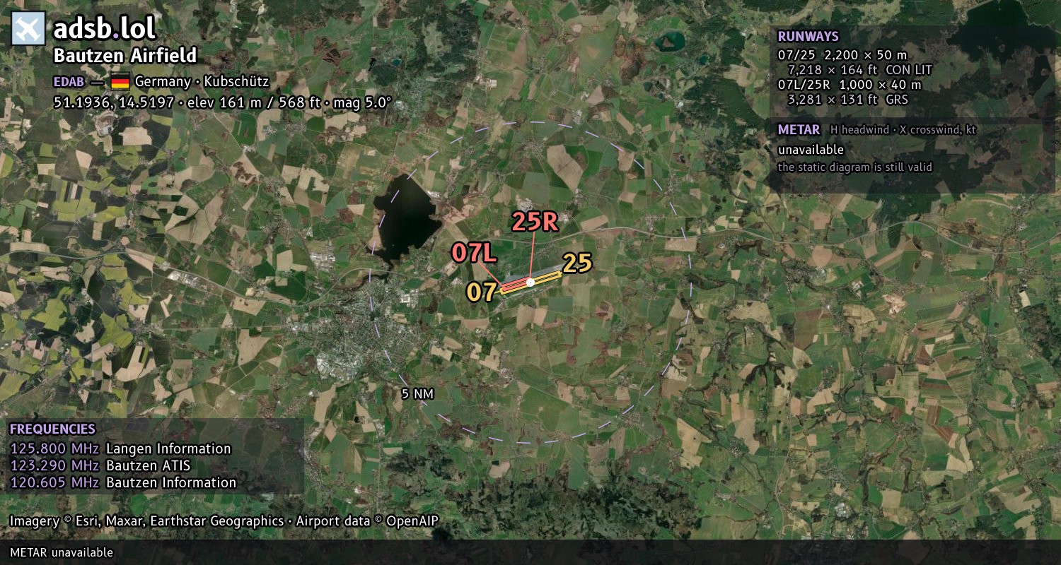 Satellite map with the runway layout of Bautzen Airfield (EDAB)