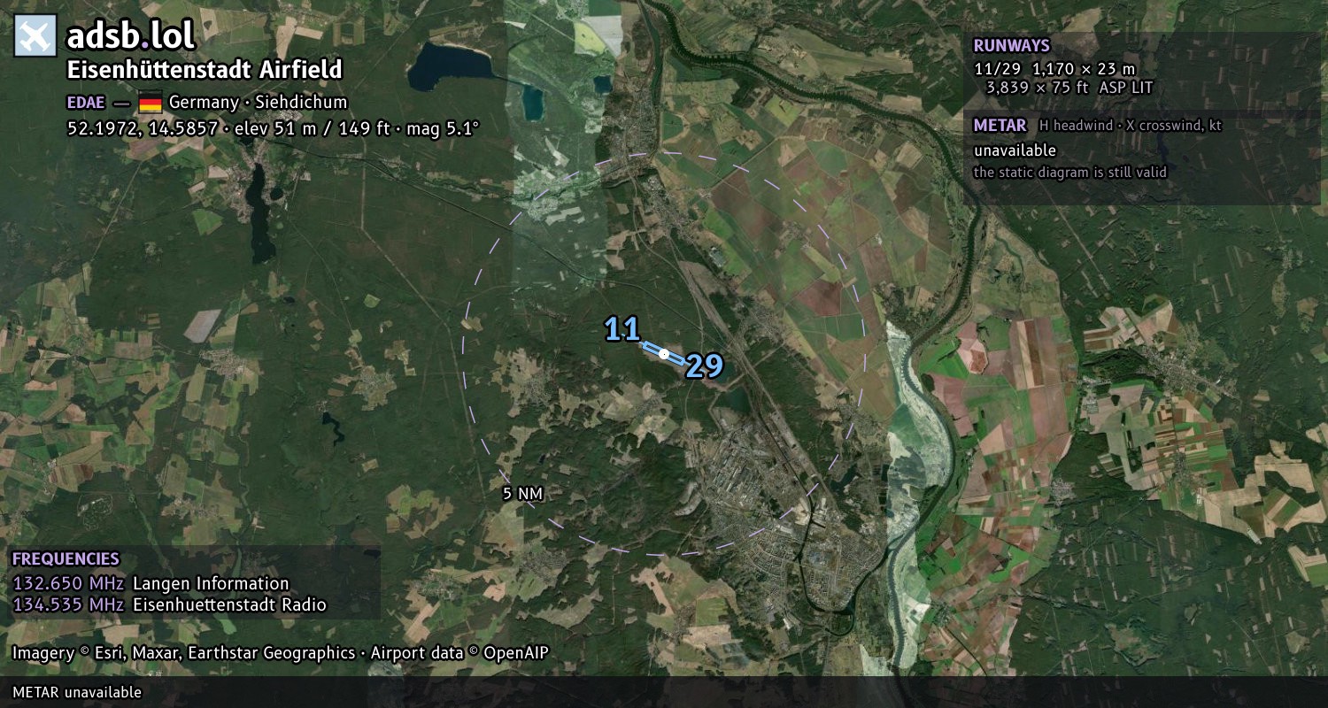 Satellite map with the runway layout of Eisenhüttenstadt Airfield (EDAE)