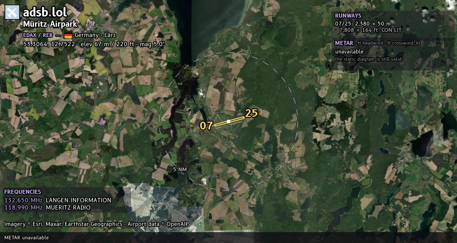 Satellite map with the runway layout of Müritz Airpark (EDAX)
