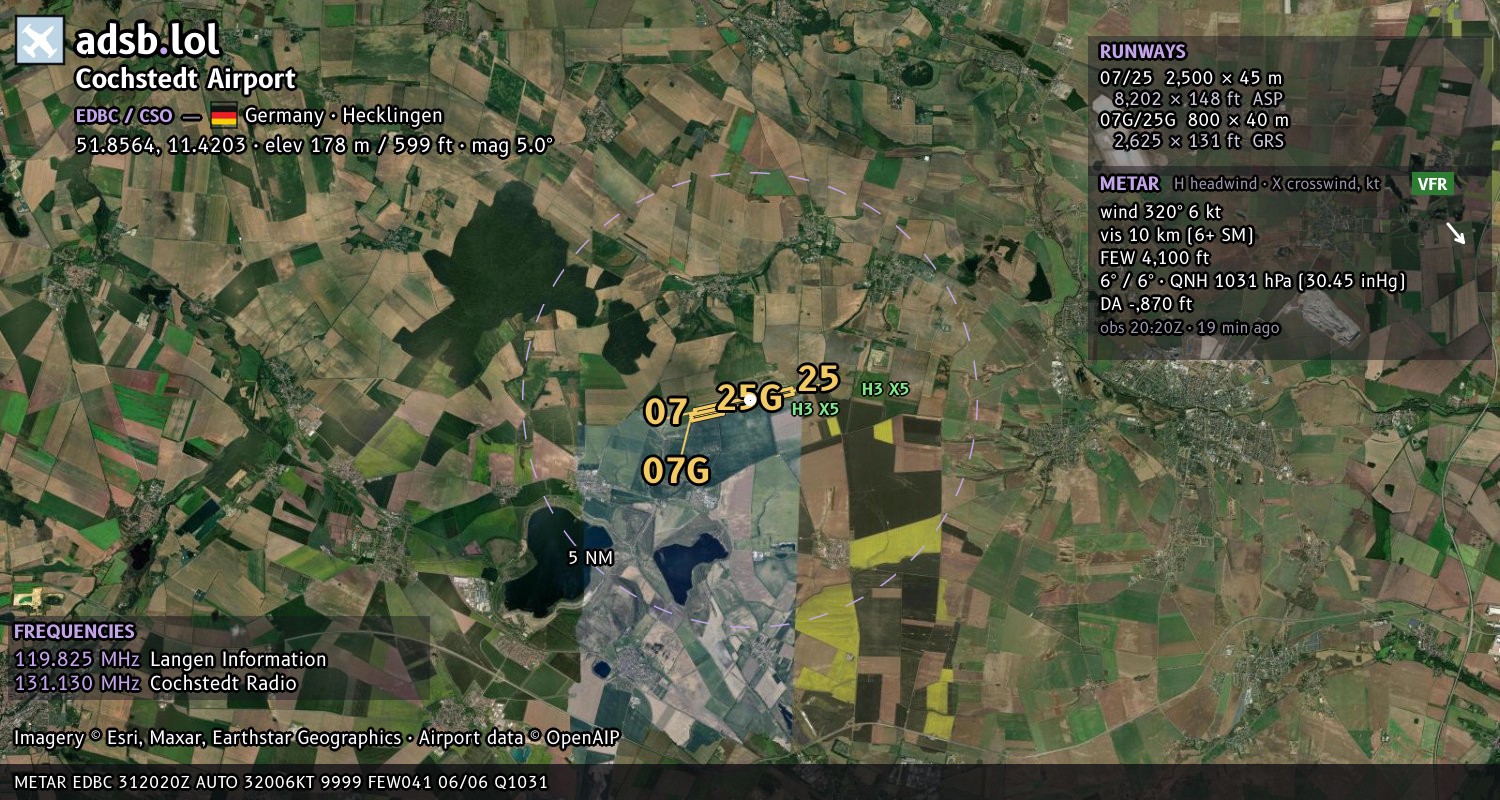 Satellite map with the runway layout of Cochstedt Airport (EDBC)