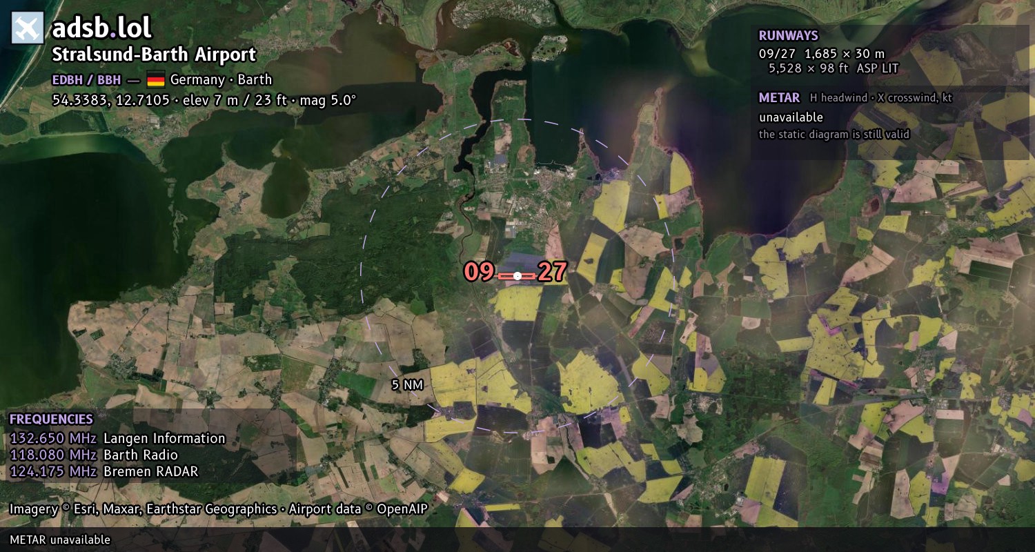 Satellite map with the runway layout of Stralsund-Barth Airport (EDBH)