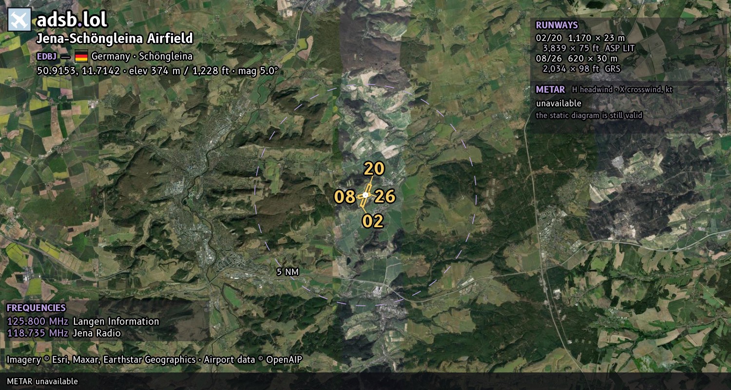 Satellite map with the runway layout of Jena-Schöngleina Airfield (EDBJ)