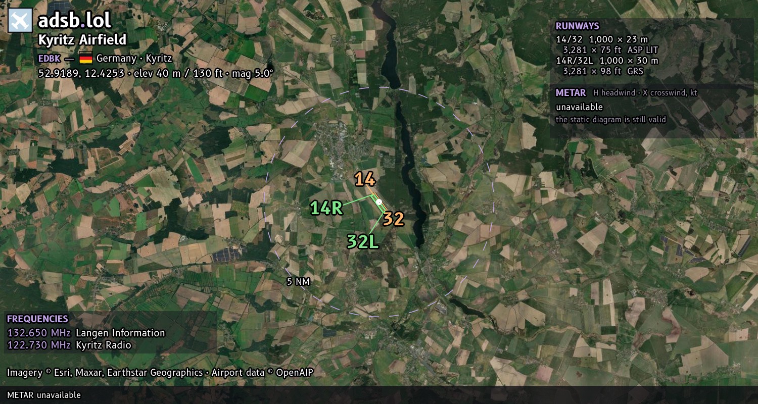 Satellite map with the runway layout of Kyritz Airfield (EDBK)
