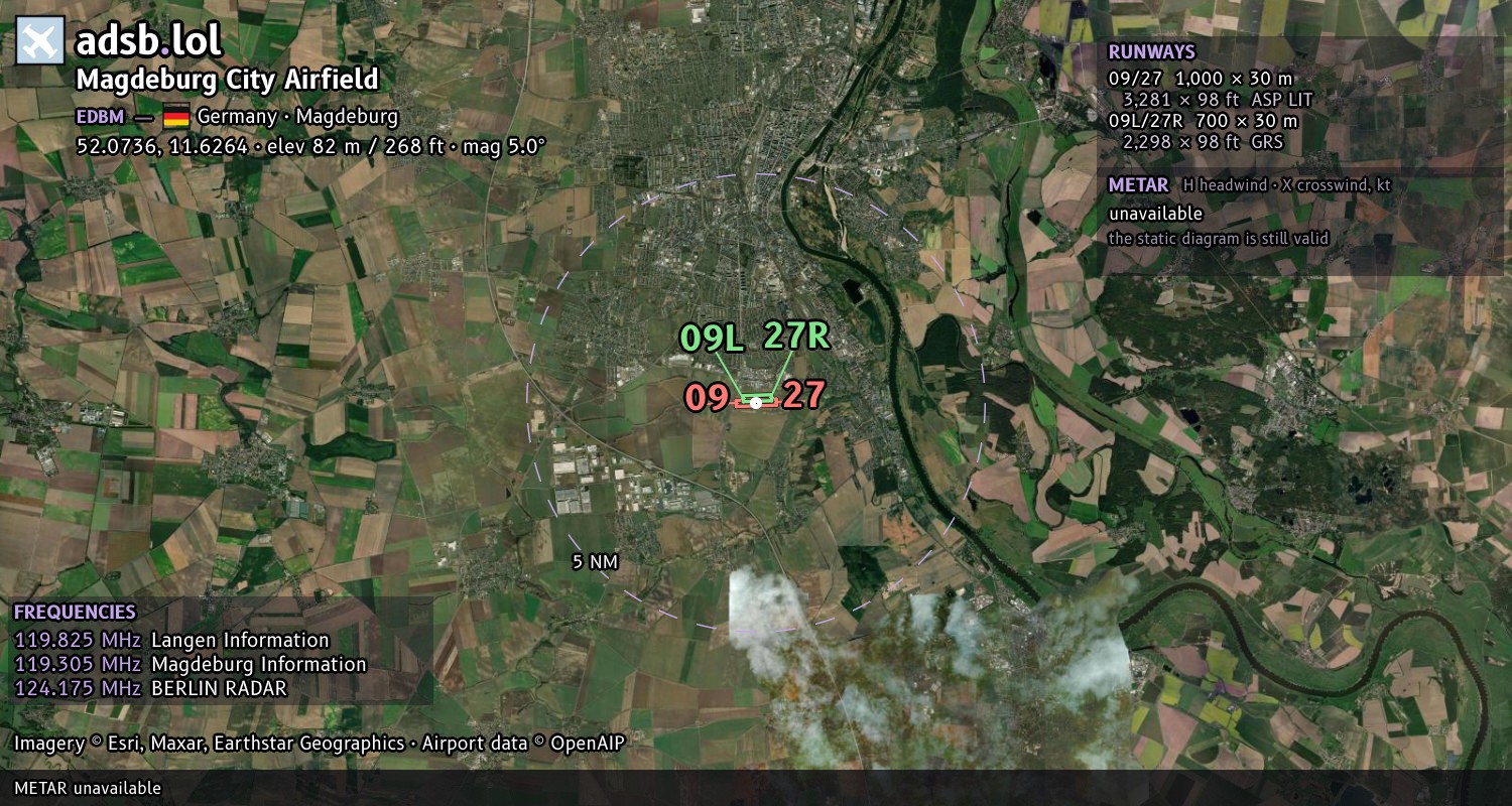 Satellite map with the runway layout of Magdeburg City Airfield (EDBM)