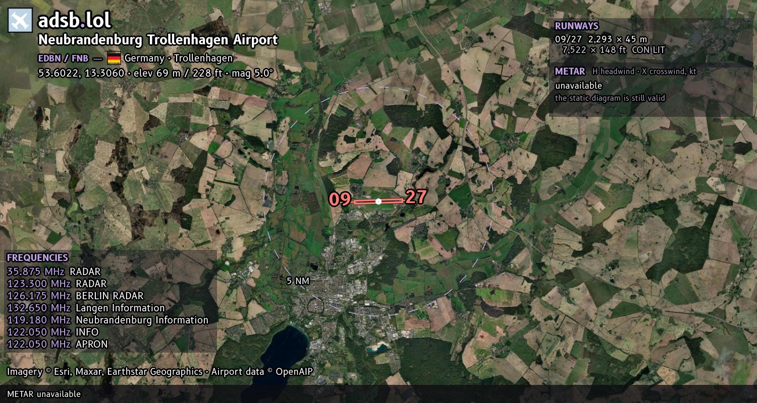 Satellite map with the runway layout of Neubrandenburg Trollenhagen Airport (EDBN)