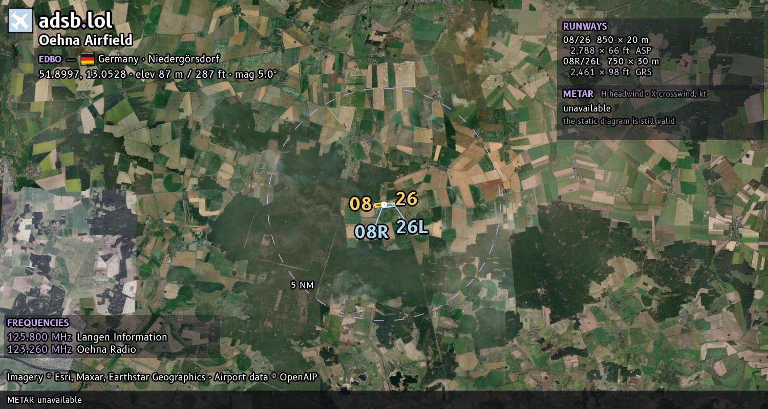 Satellite map with the runway layout of Oehna Airfield (EDBO)