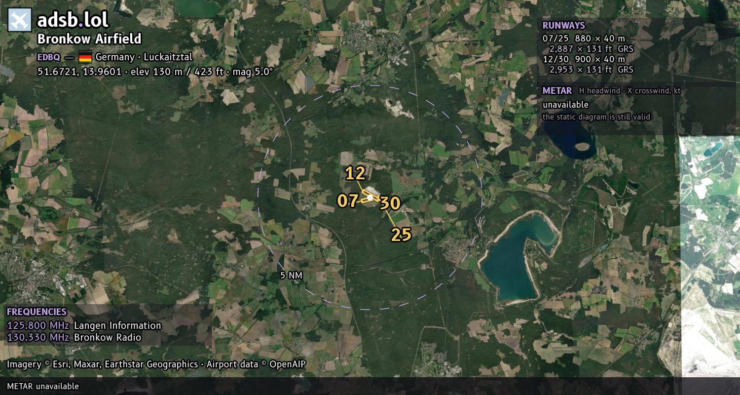 Satellite map with the runway layout of Bronkow Airfield (EDBQ)